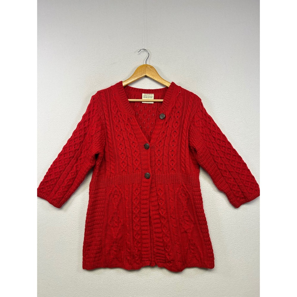 Cottagecore Kilronan Knitwear Womens M Red Merino Wool Aran Cable Knit Cardigan